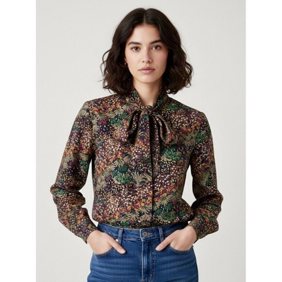 Lady Arrow Tops - LADY ARROW Vintage 70s Polyester Floral Button Up Tie Bow Front Blouse Medium